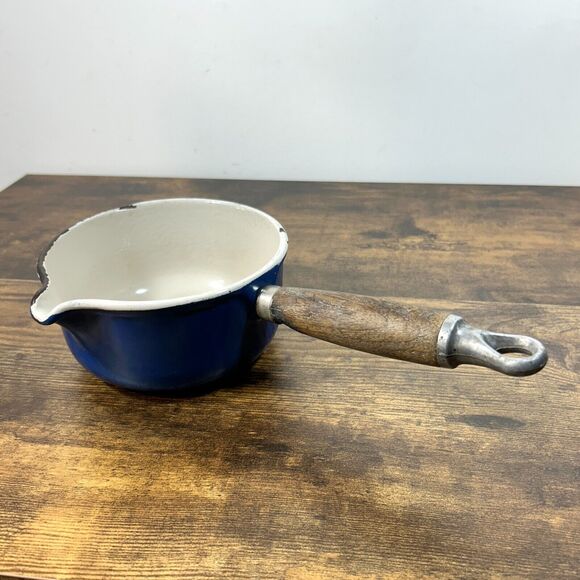 VTG Le Creuset 14 Cast Iron Enamel Saucepan Spout Wood Handle TECK Blue